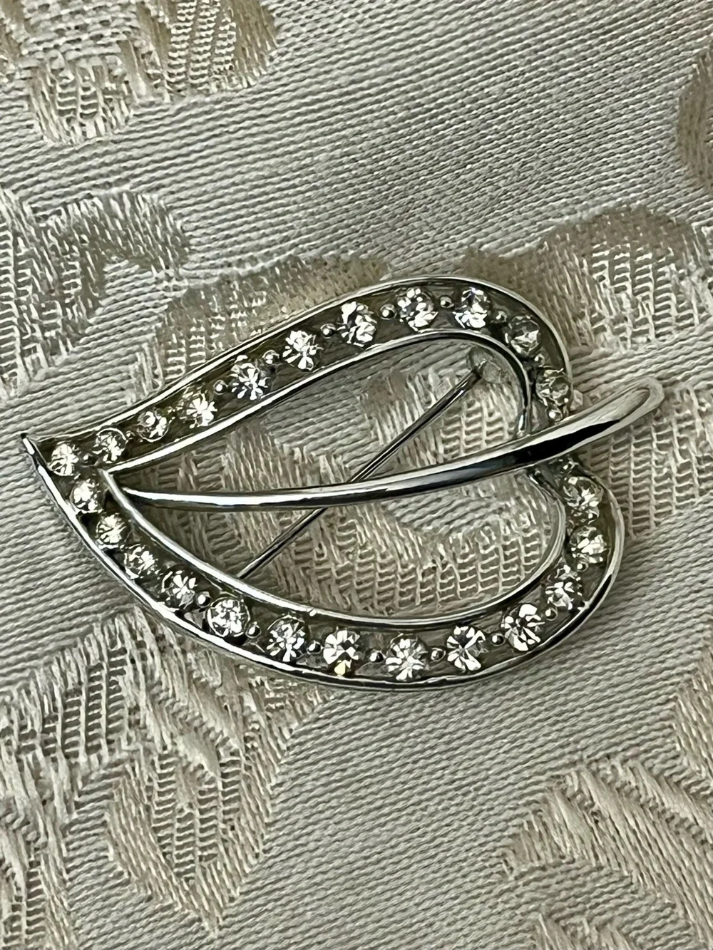Vtg Lisner Silver Leaf Brooch Pin Clear Rhinestone Mid Century Retro Costume 2